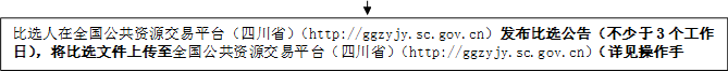比選人在全國公共資源交易平臺（四川省）（http://ggzyjy.sc.gov.cn）發(fā)布比選公告（不少于3個工作日），將比選文件上傳至全國公共資源交易平臺（四川?。╤ttp://ggzyjy.sc.gov.cn）（詳見操作手冊）。


